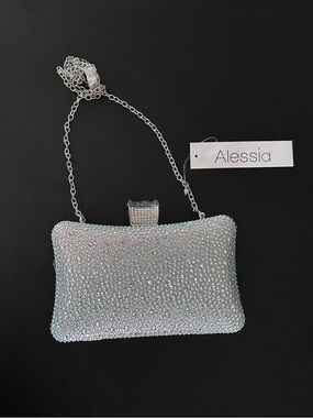 NWT Alessia Silver Crystal Rhinestone Evening Clutch with Chain